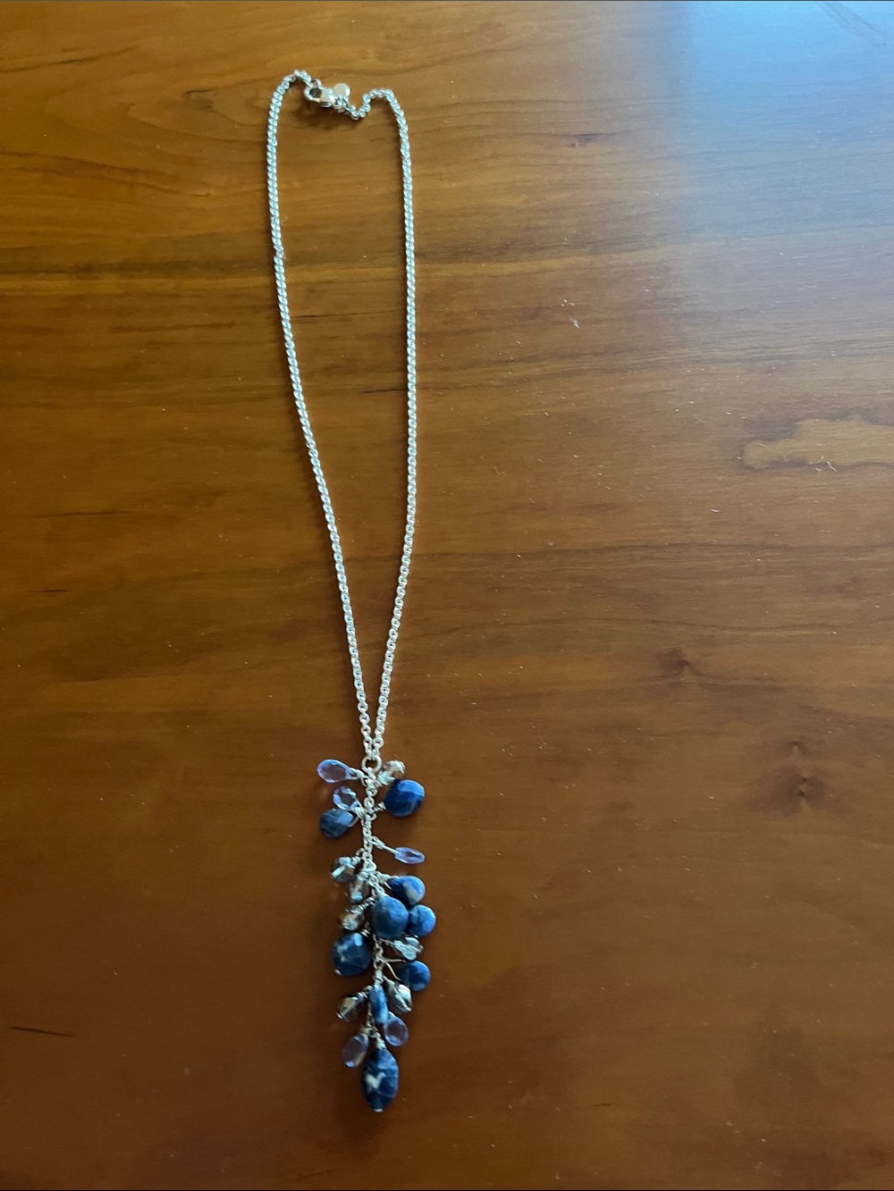 Silver Chain Necklace with Blue Gemstone Cluster Pendant